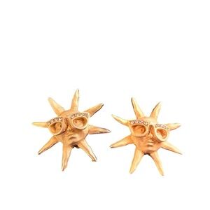 VTG 80’s Gold Clip On Earrings Sun Face w/Sunglasses Rhinestone Bling 1.5 Retro